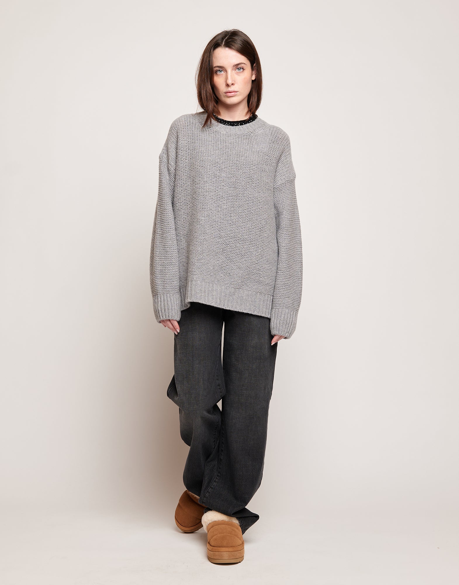 Maglione Girocollo in Lana e Cashmere Grigio Chiaro