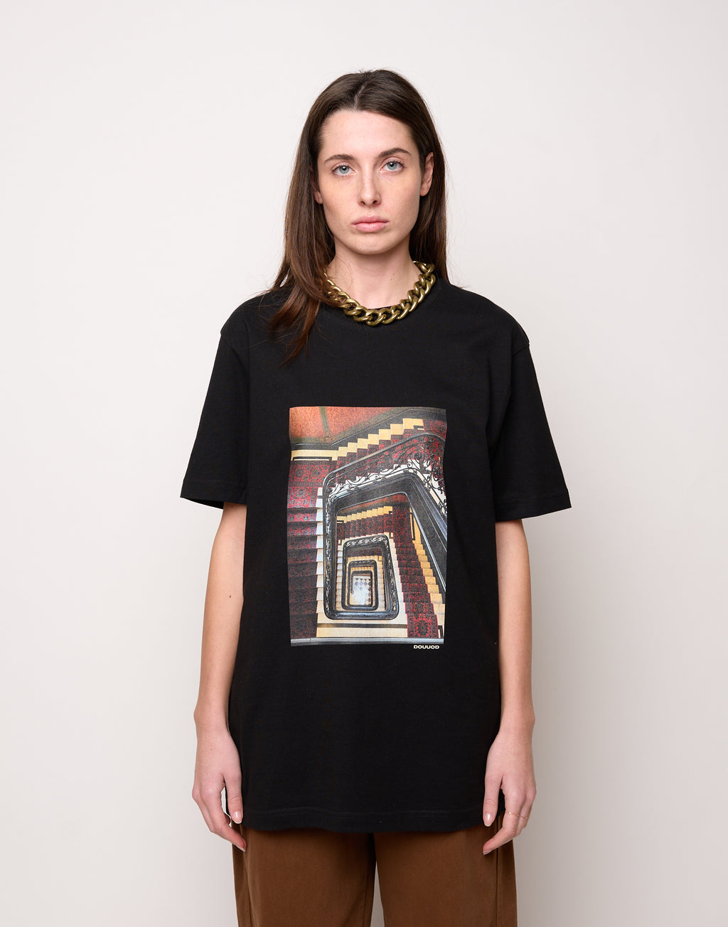 T-shirt in Jersey di Cotone Stampa "Stairs" Nero