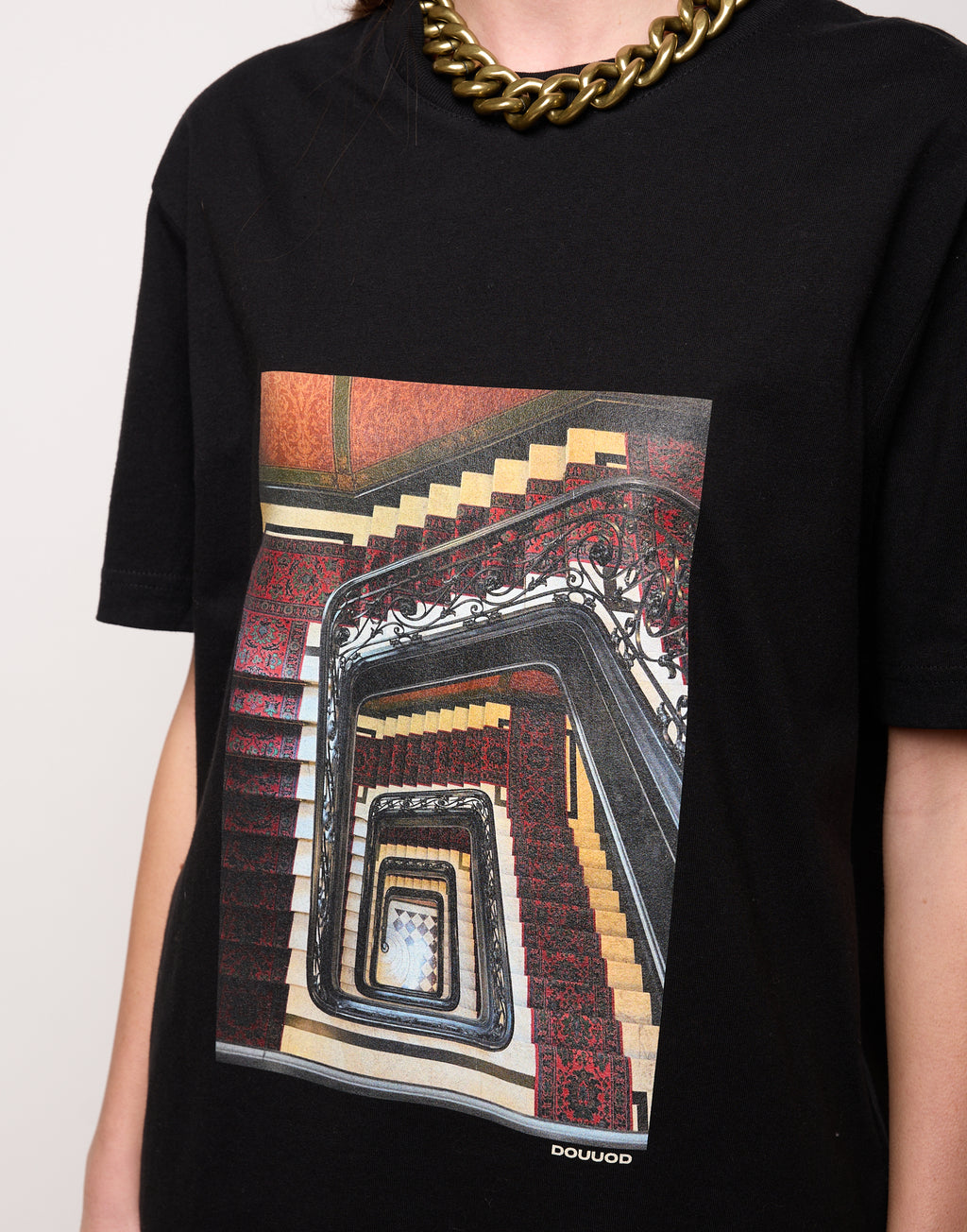 T-shirt in Jersey di Cotone Stampa "Stairs" Nero
