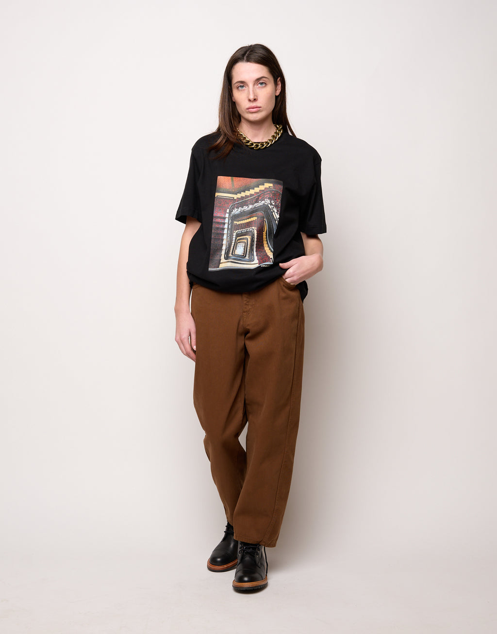 T-shirt in Jersey di Cotone Stampa "Stairs" Nero