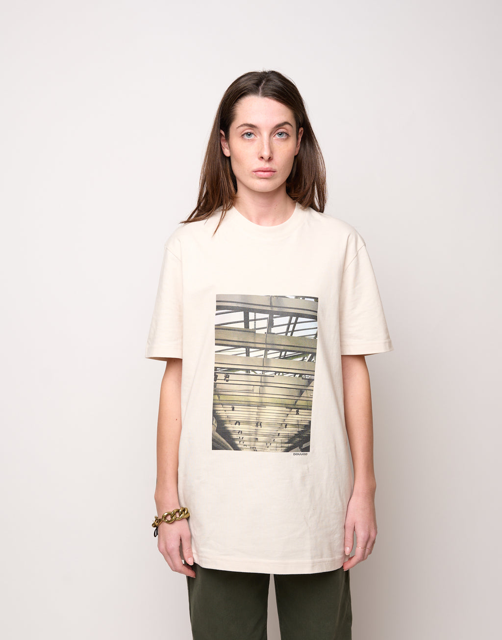 T-shirt in Jersey di Cotone Stampa "Travi" Burro