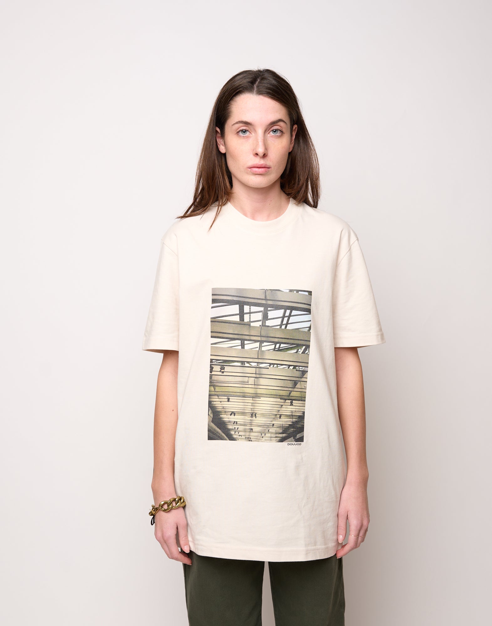 T-shirt in Jersey di Cotone Stampa "Travi" Burro