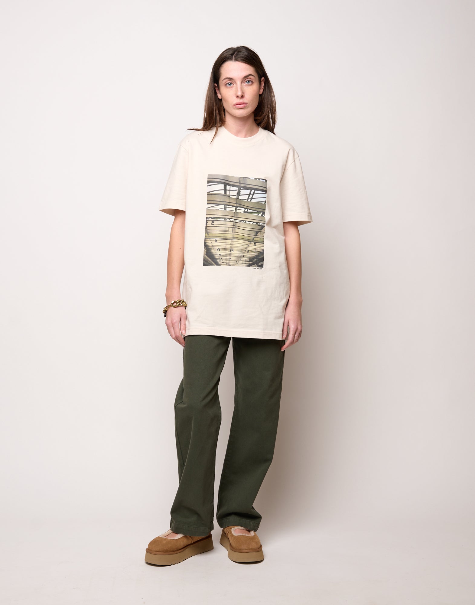 T-shirt in Jersey di Cotone Stampa "Travi" Burro