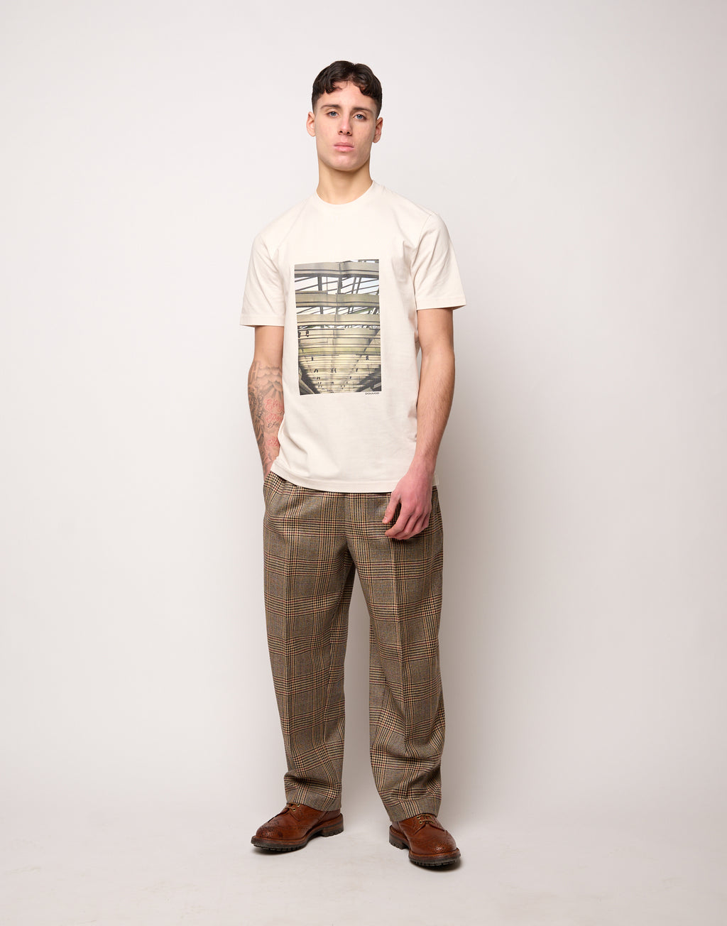 T-shirt in Jersey di Cotone Stampa "Travi" Burro