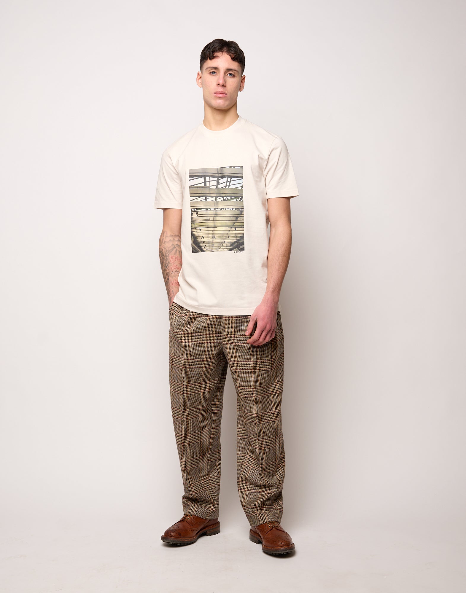 T-shirt in Jersey di Cotone Stampa "Travi" Burro