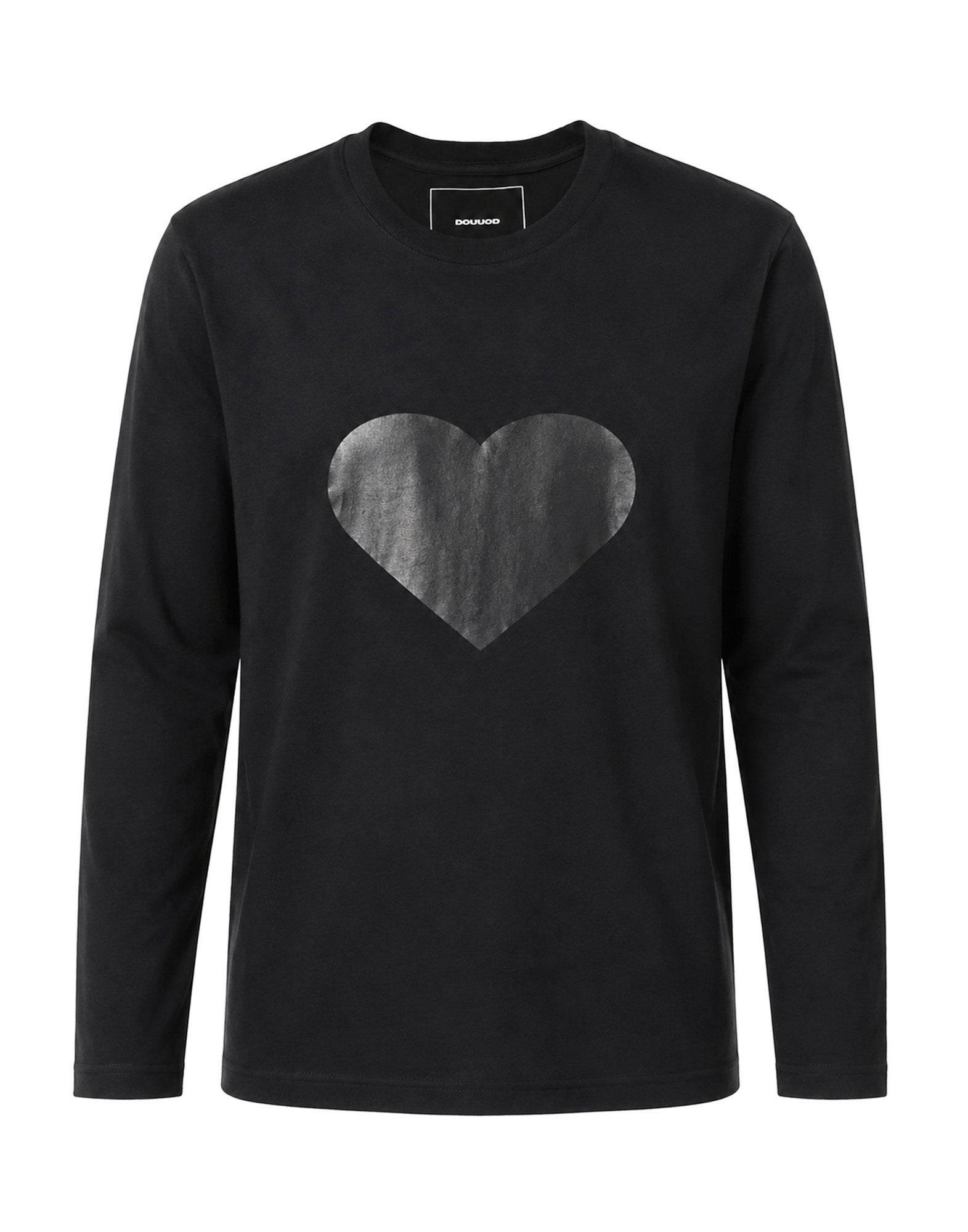 T-shirt manica Lunga in Jersey di Cotone Stampa "Cuore" Nero