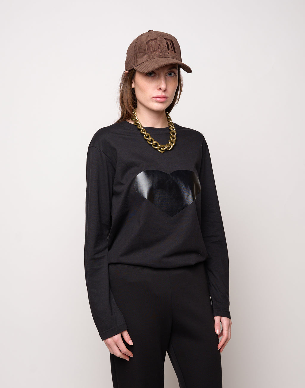 T-shirt manica Lunga in Jersey di Cotone Stampa "Cuore" Nero