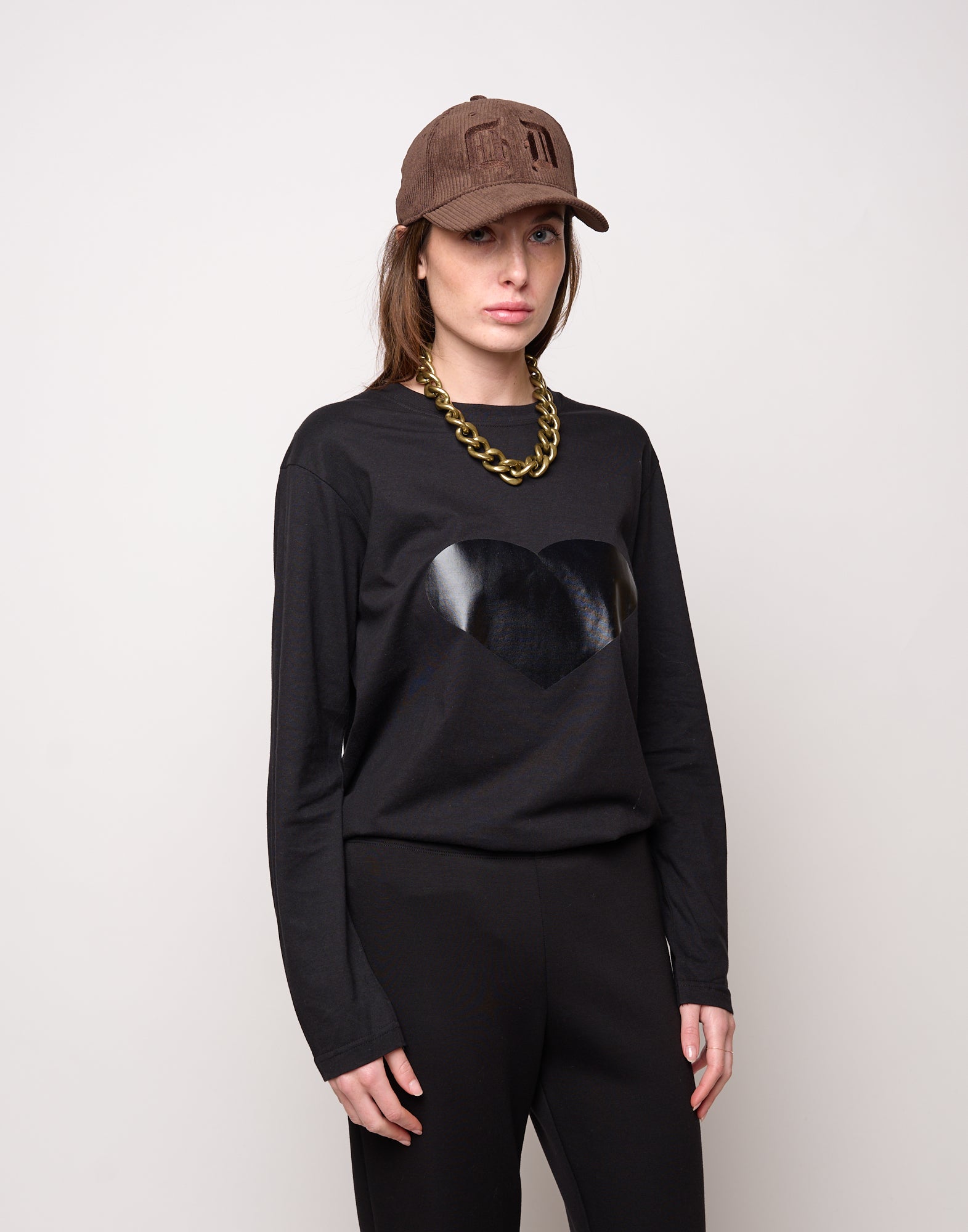 T-shirt manica Lunga in Jersey di Cotone Stampa "Cuore" Nero