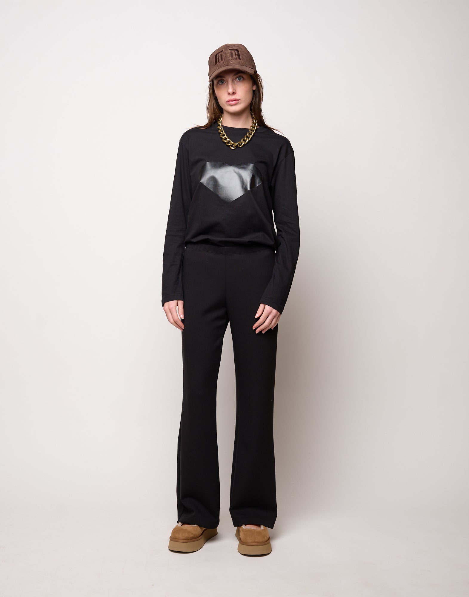 T-shirt manica Lunga in Jersey di Cotone Stampa "Cuore" Nero
