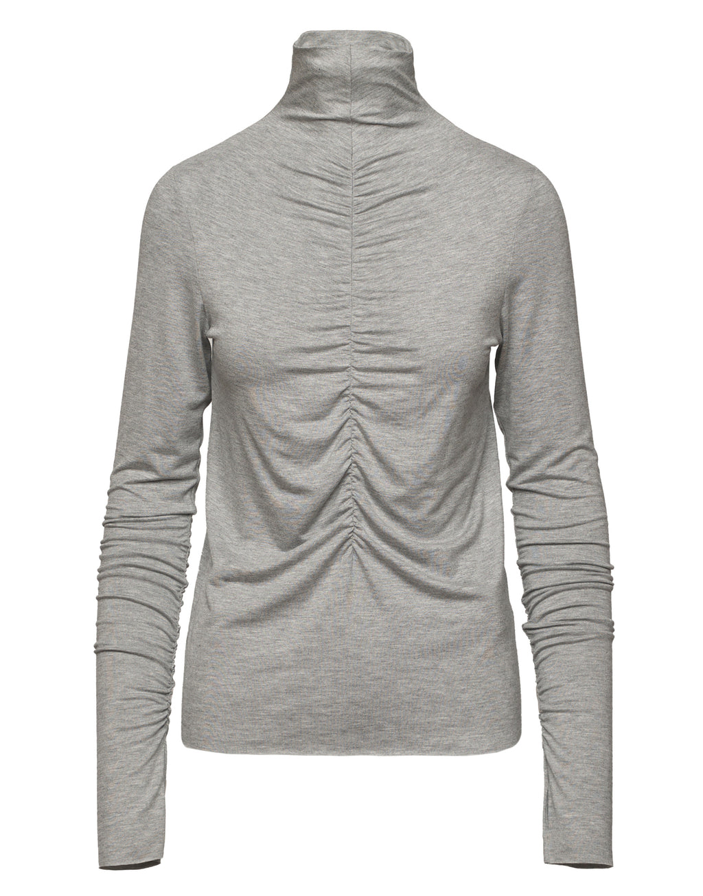 T-Shirt Collo Alto con Drappeggio Frontale e Maniche Lunghe Grigio Perla Melange