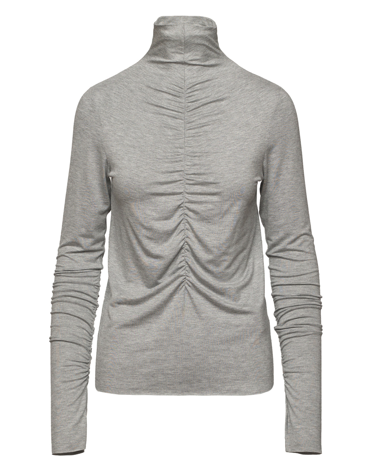 T-Shirt Collo Alto con Drappeggio Frontale e Maniche Lunghe Grigio Perla Melange