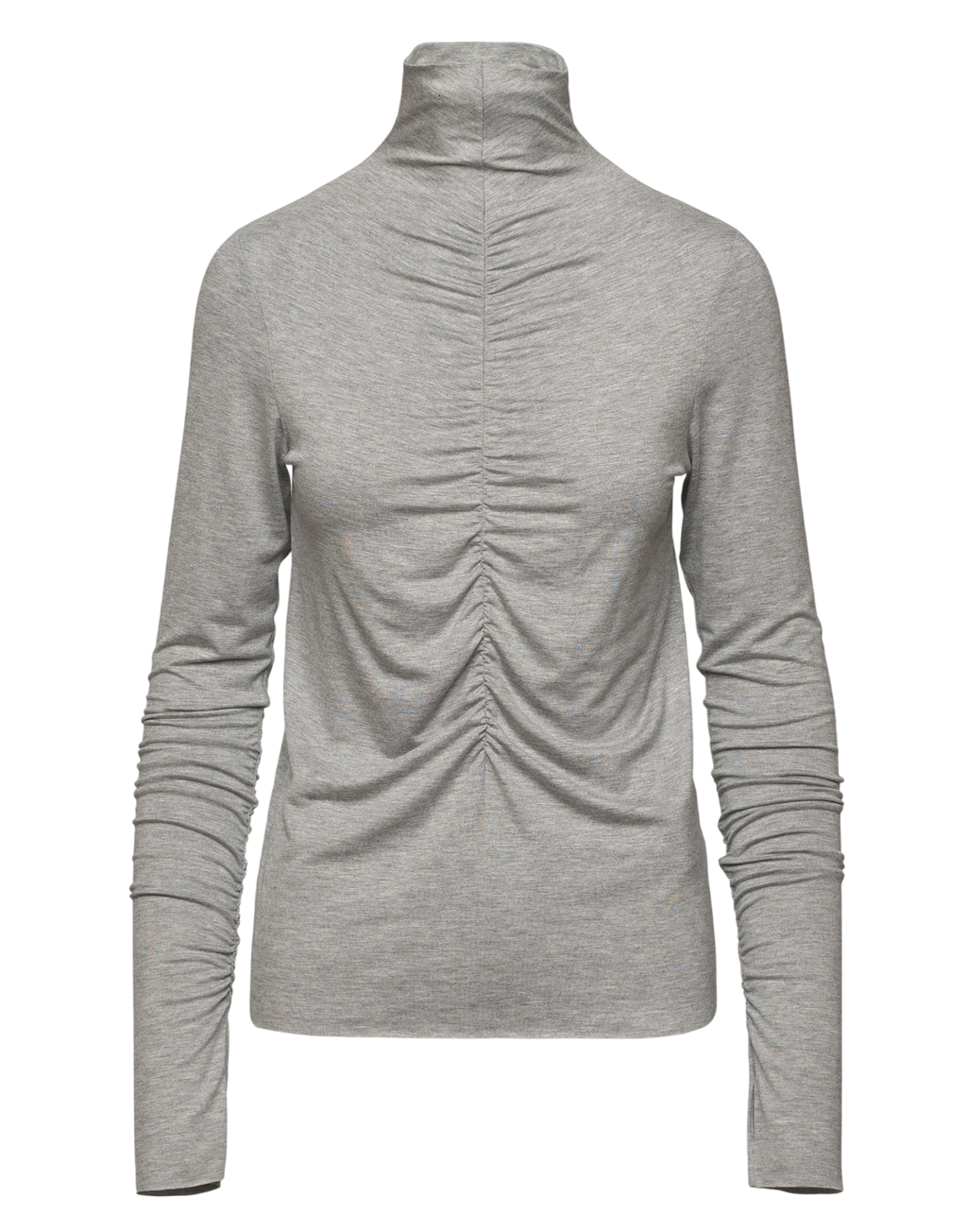 High-Neck T-Shirt with Front Drape and Long Sleeves in Pearl Grey Melange
