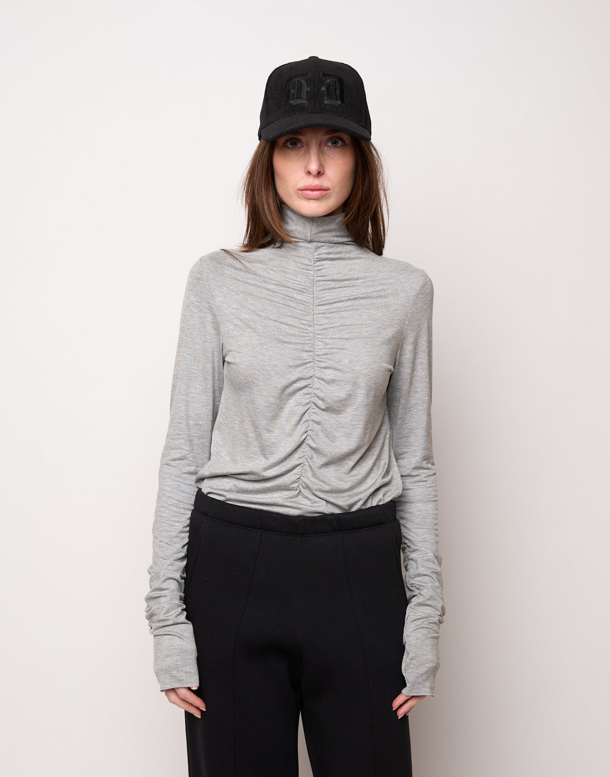 T-Shirt Collo Alto con Drappeggio Frontale e Maniche Lunghe Grigio Perla Melange