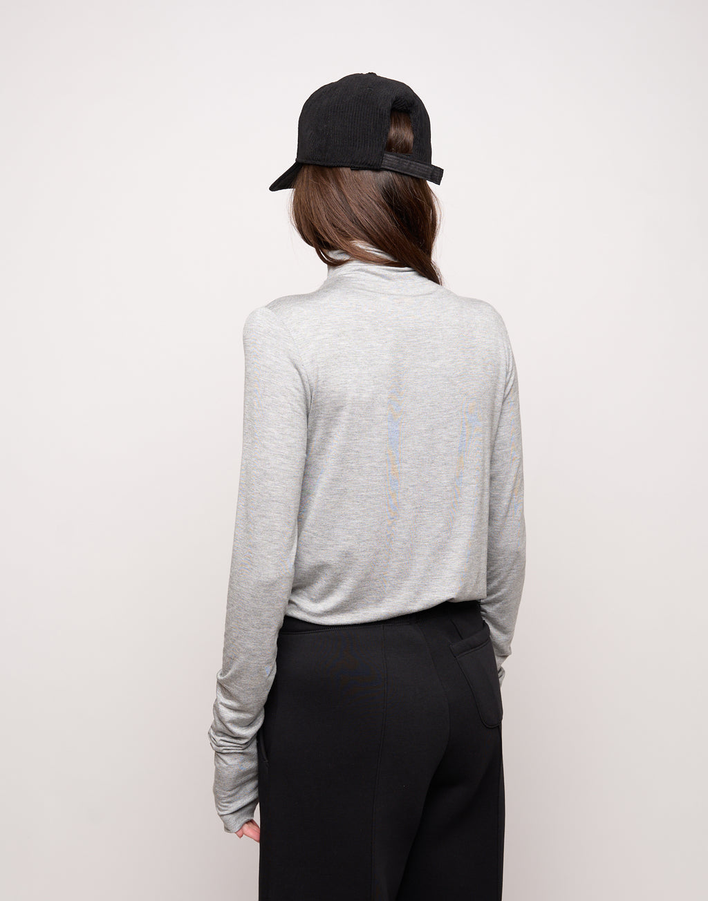 T-Shirt Collo Alto con Drappeggio Frontale e Maniche Lunghe Grigio Perla Melange