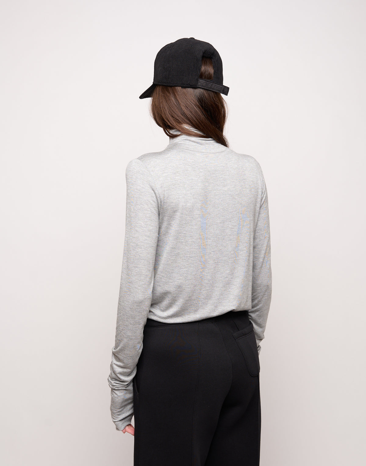 T-Shirt Collo Alto con Drappeggio Frontale e Maniche Lunghe Grigio Perla Melange