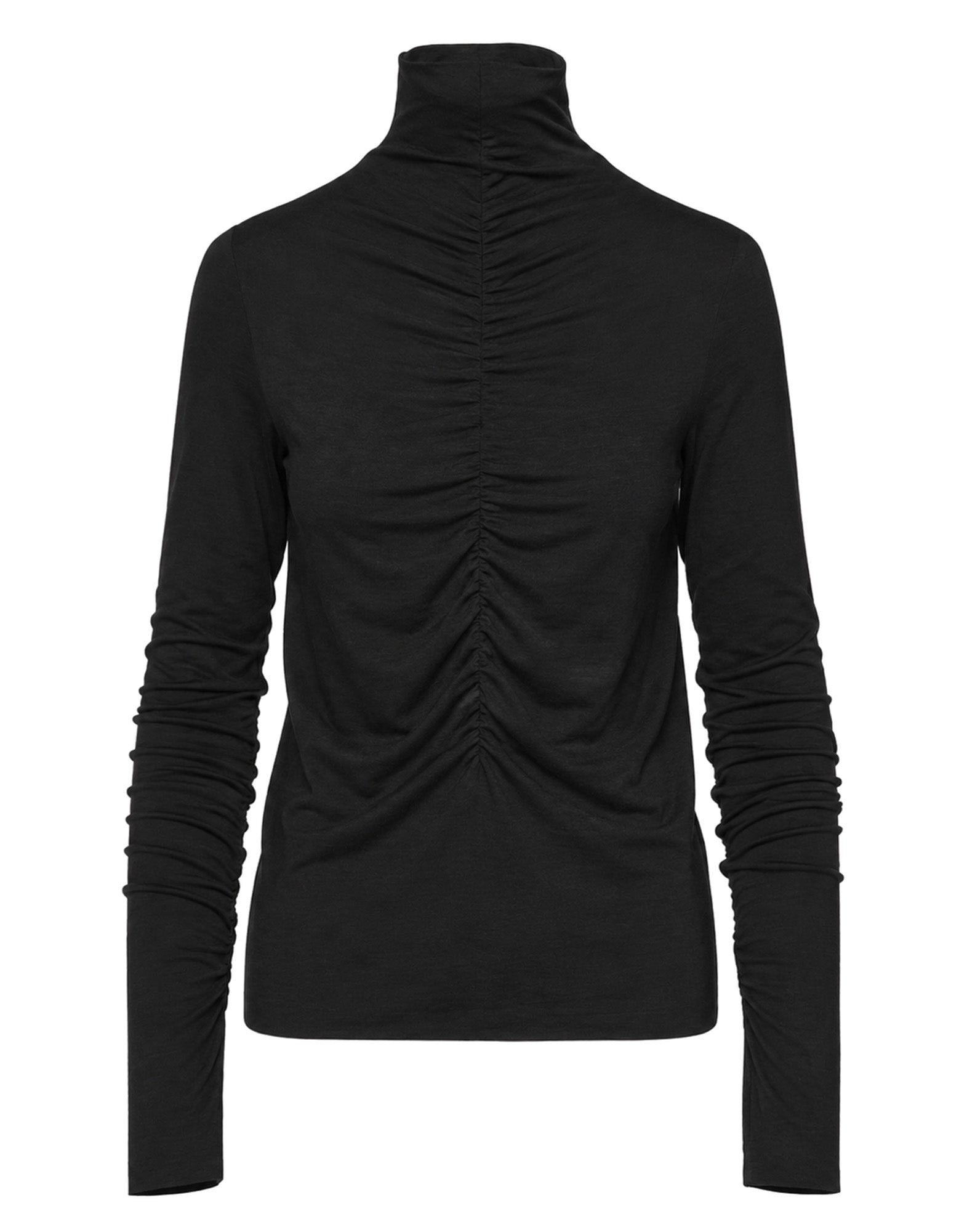 T-Shirt Collo Alto con Drappeggio Frontale e Maniche Lunghe Nero