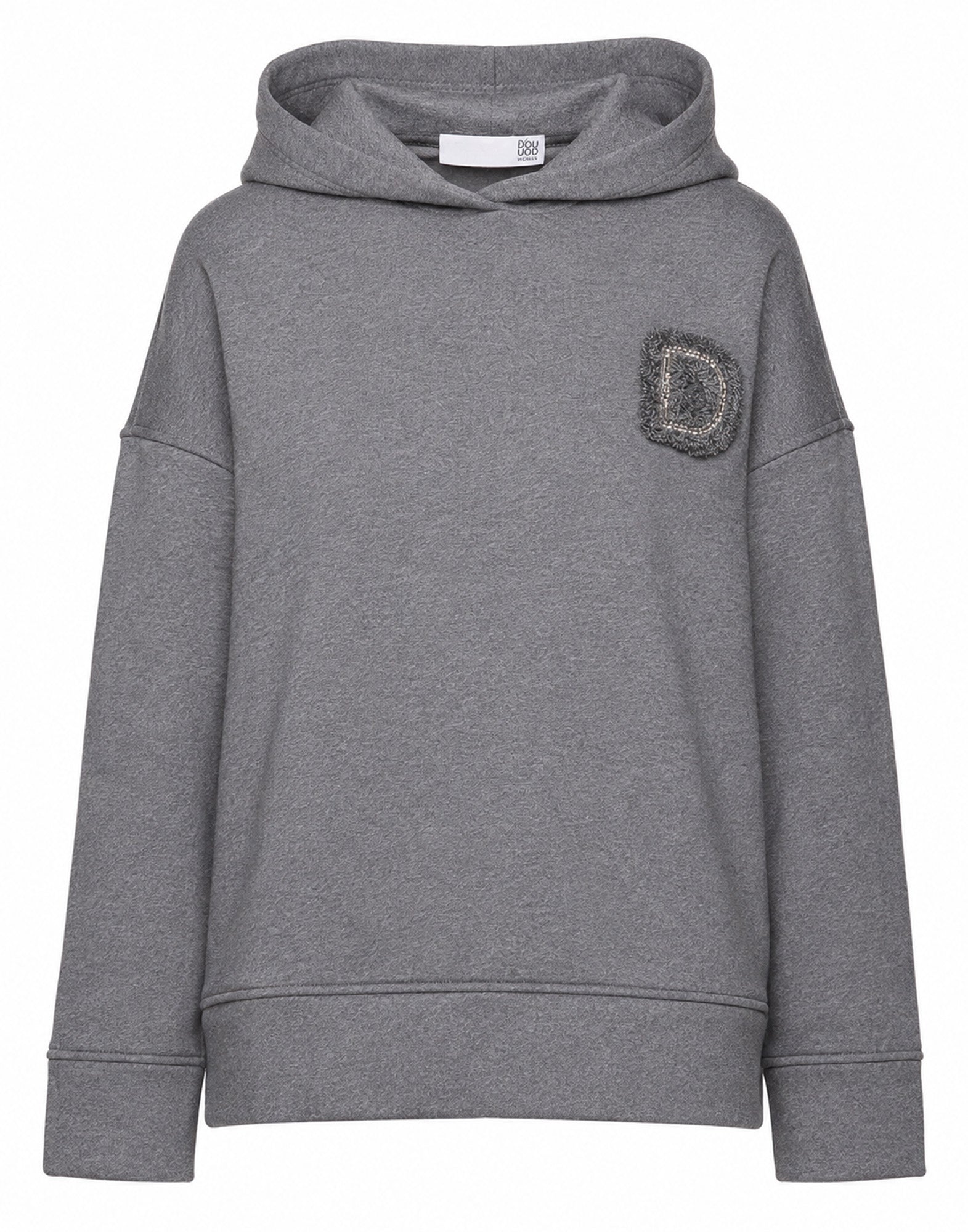 Felpa con Cappuccio e Patch Ricamata Grigio Melange