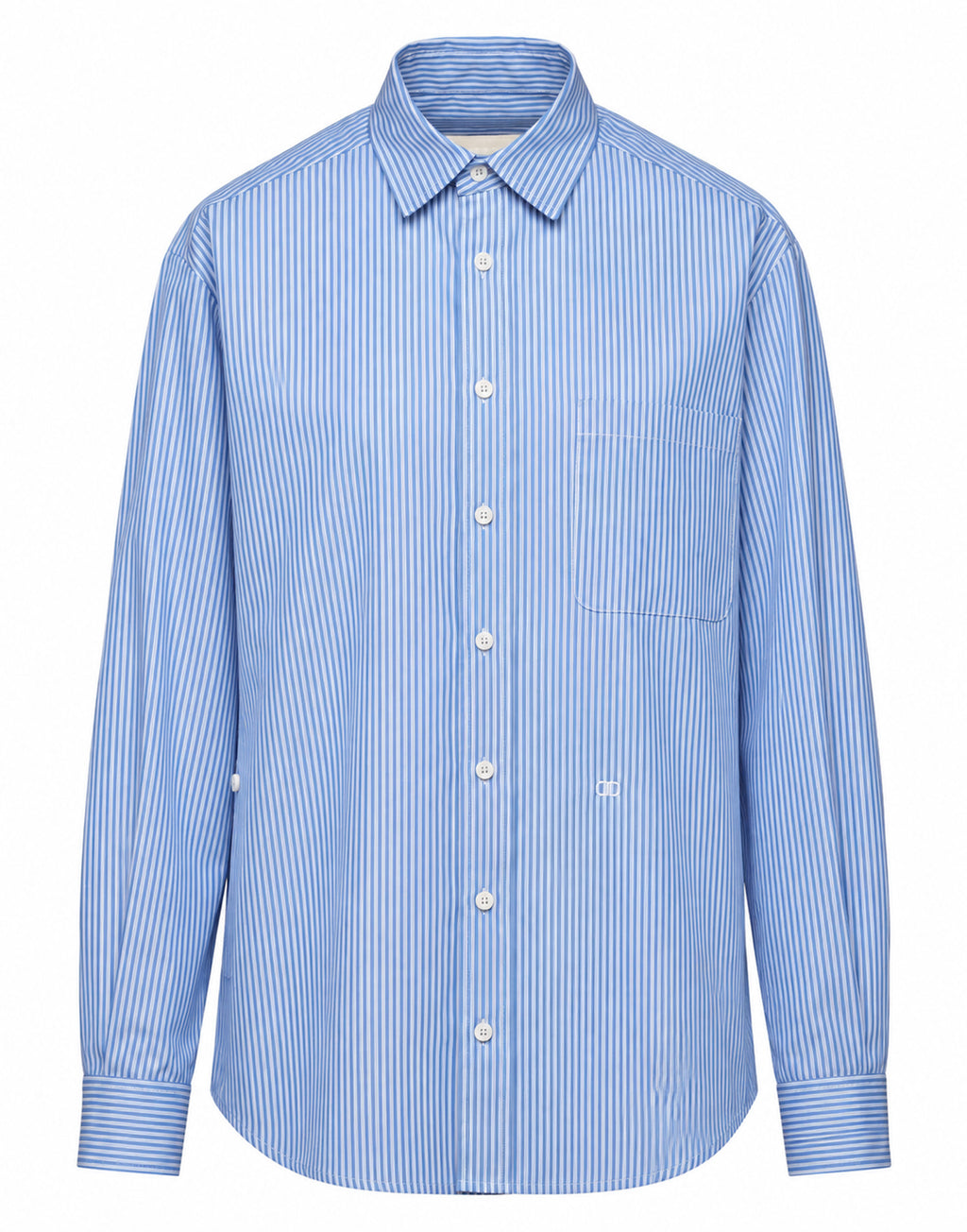 Camicia Genderless con Ricamo e Bottone Laterale a Righe Bianco/Azzurro