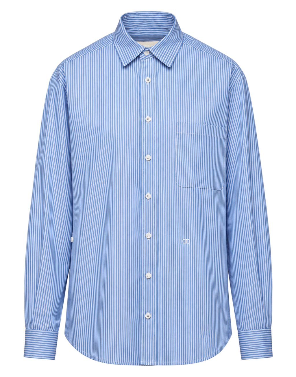 Genderless Shirt with Embroidery and Side Button in White/Light Blue Stripes