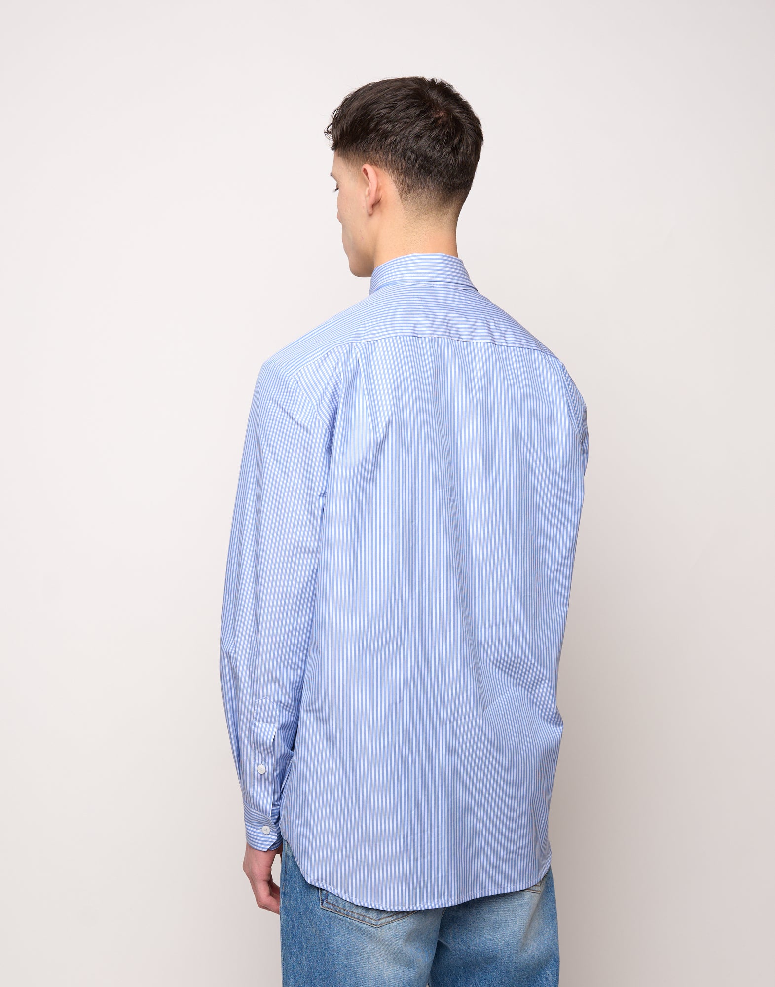 Camicia Genderless con Ricamo e Bottone Laterale a Righe Bianco/Azzurro