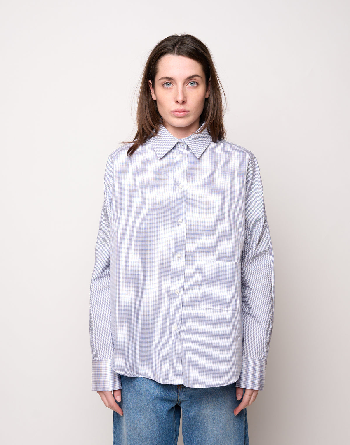 Camicia Taglio Kimono con Tasca a Quadretti Bianco/Blu