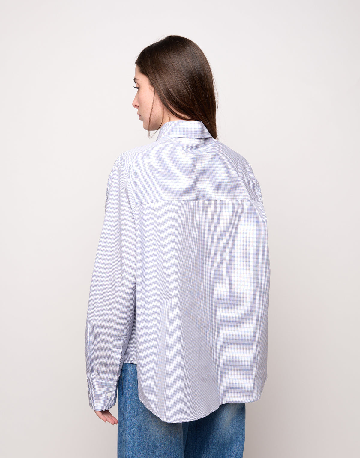 Camicia Taglio Kimono con Tasca a Quadretti Bianco/Blu
