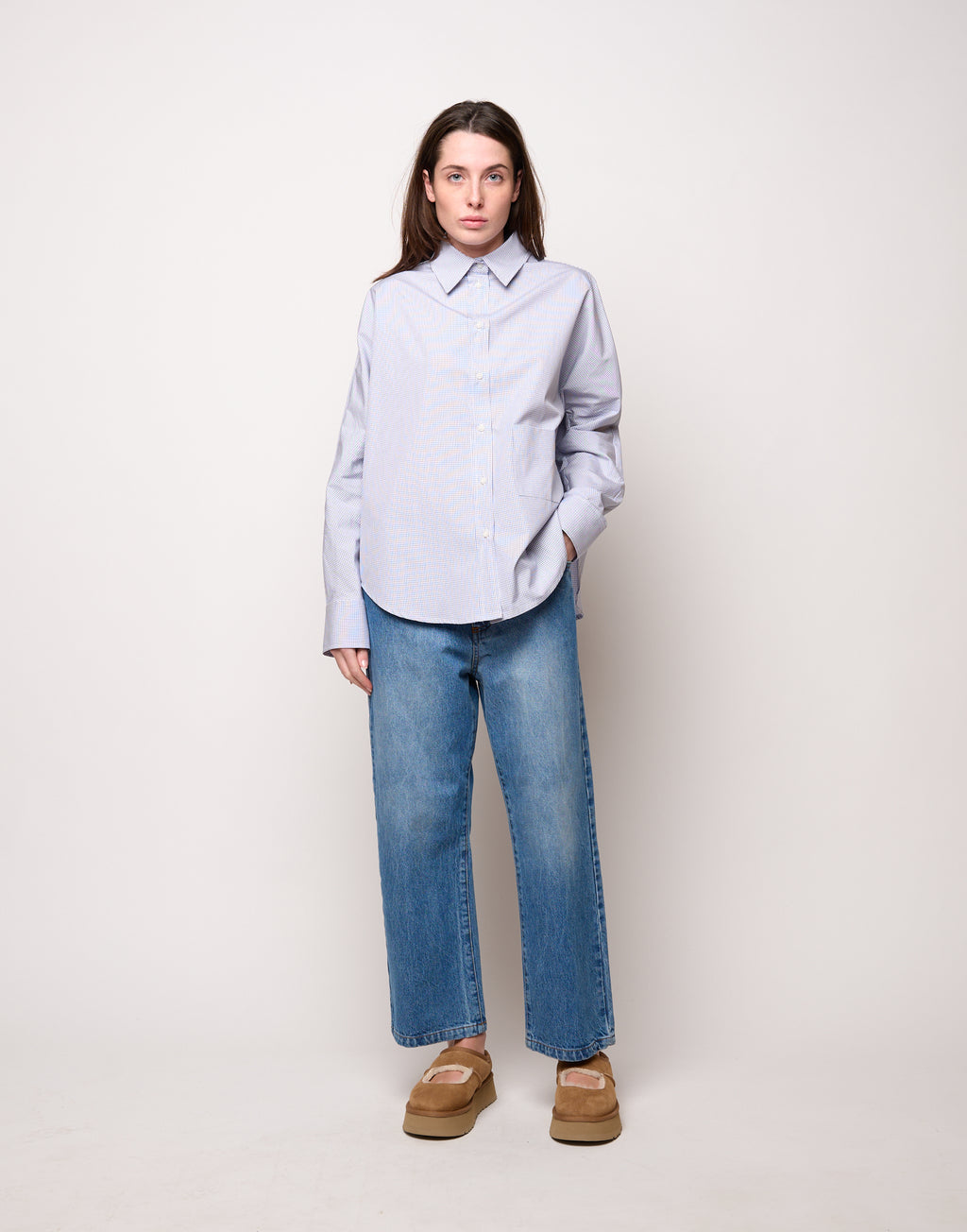 Camicia Taglio Kimono con Tasca a Quadretti Bianco/Blu