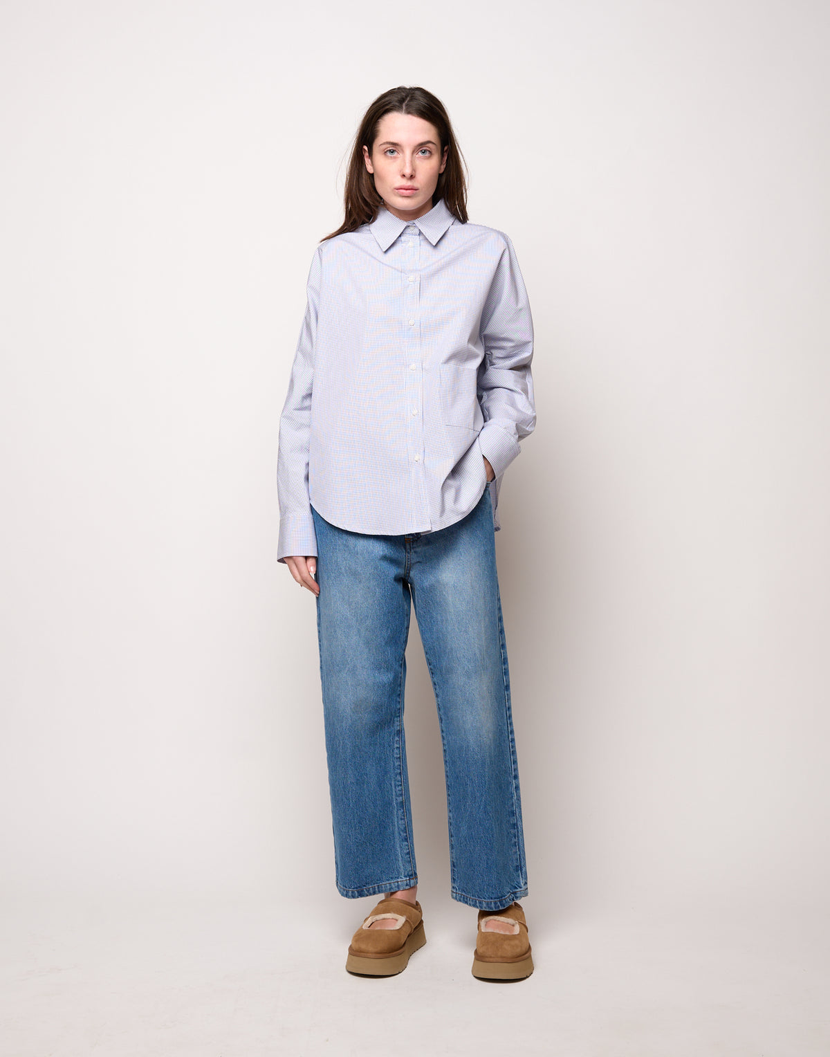 Camicia Taglio Kimono con Tasca a Quadretti Bianco/Blu