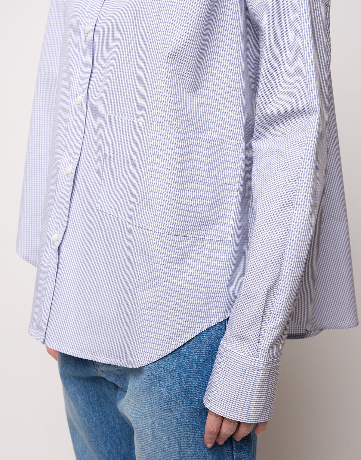 Camicia Taglio Kimono con Tasca a Quadretti Bianco/Blu