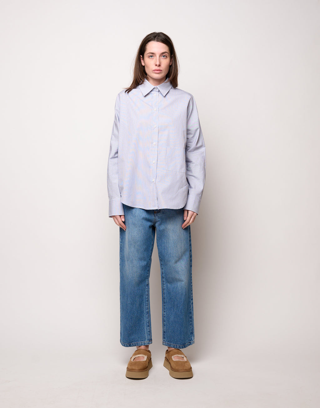 Camicia Taglio Kimono con Tasca a Quadretti Bianco/Blu