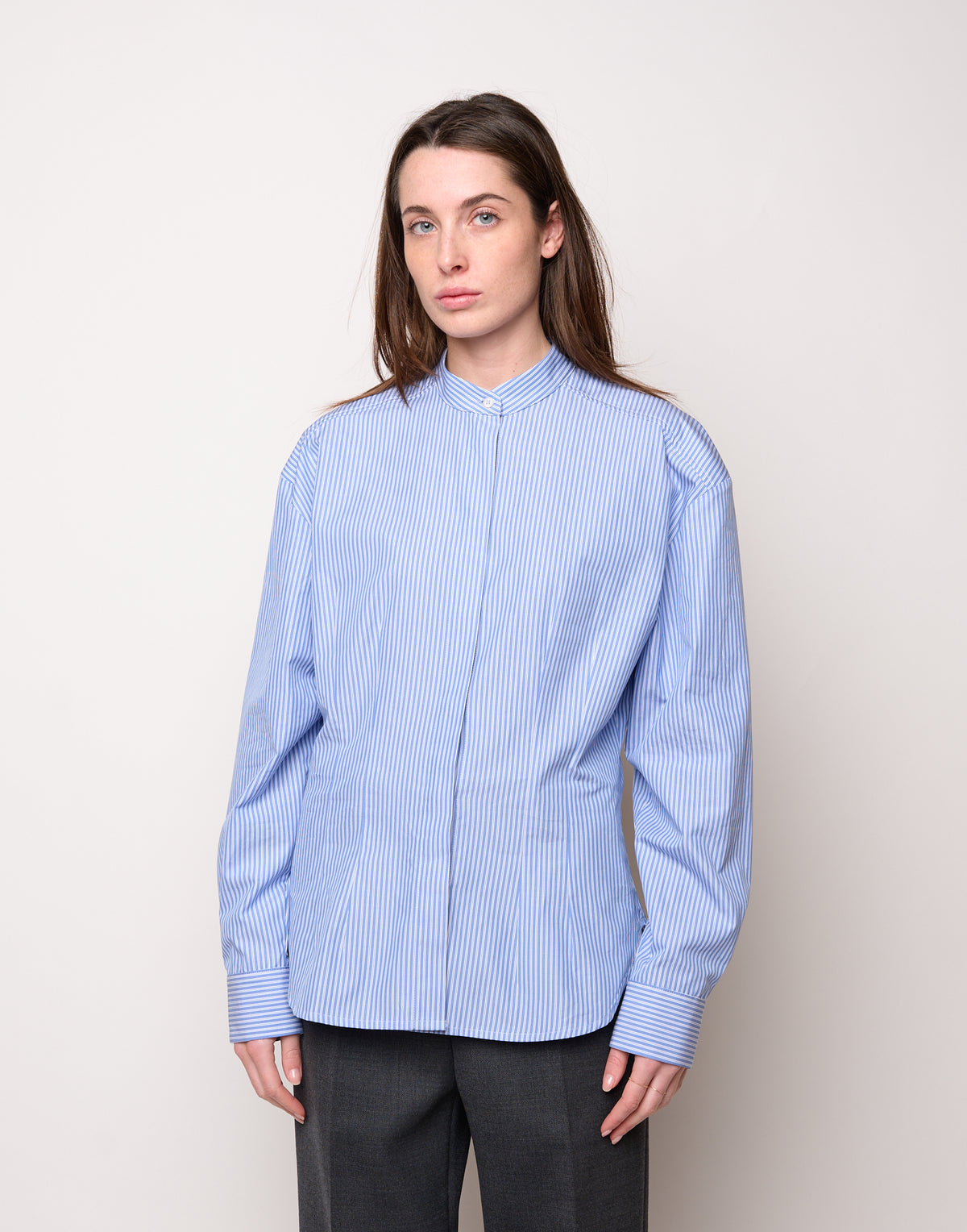 Camicia in Popeline di Cotone a Righe Bianco/Azzurro