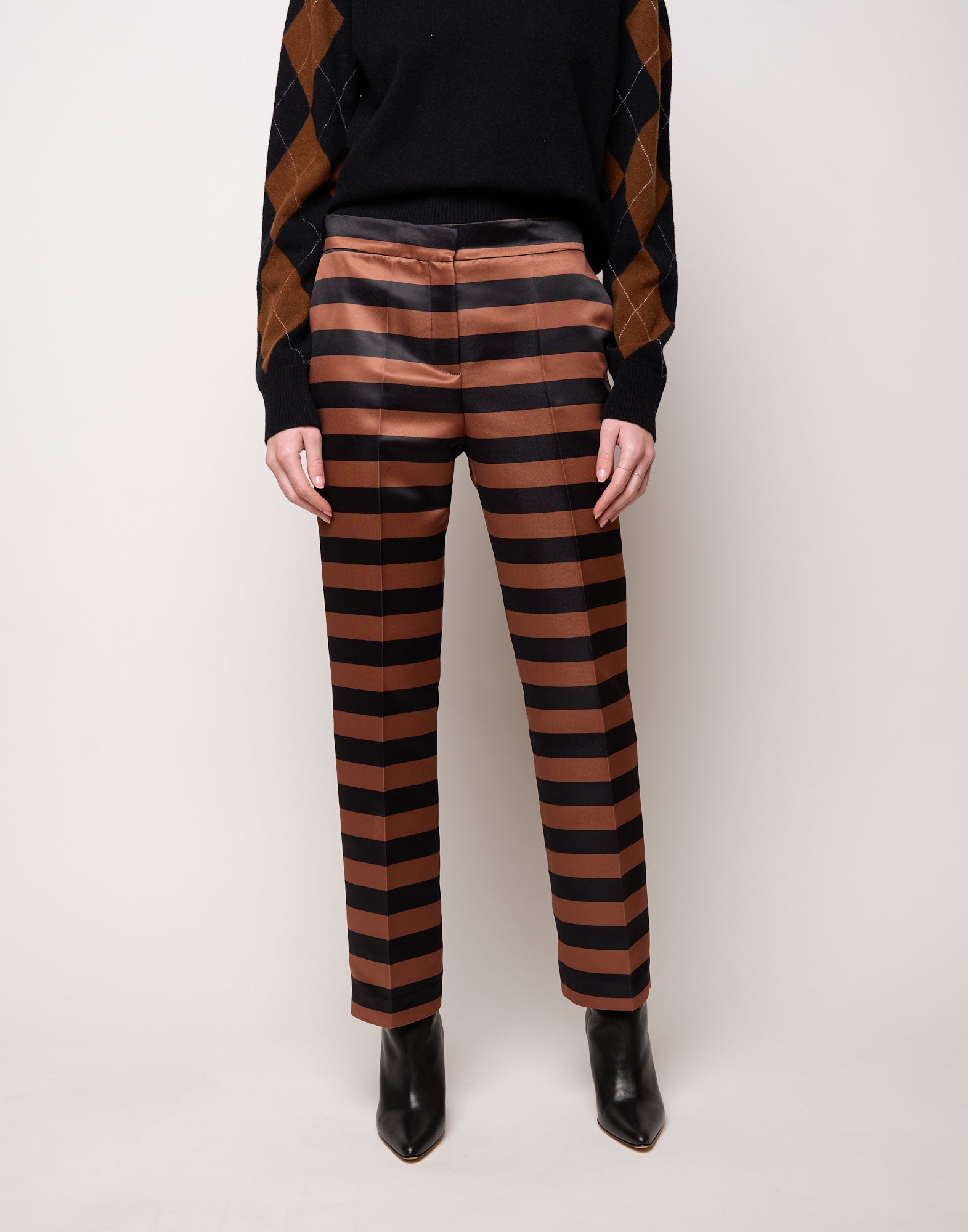 Pantalone Maschile a Sigaretta in Duchesse a Righe Nero/Whisky
