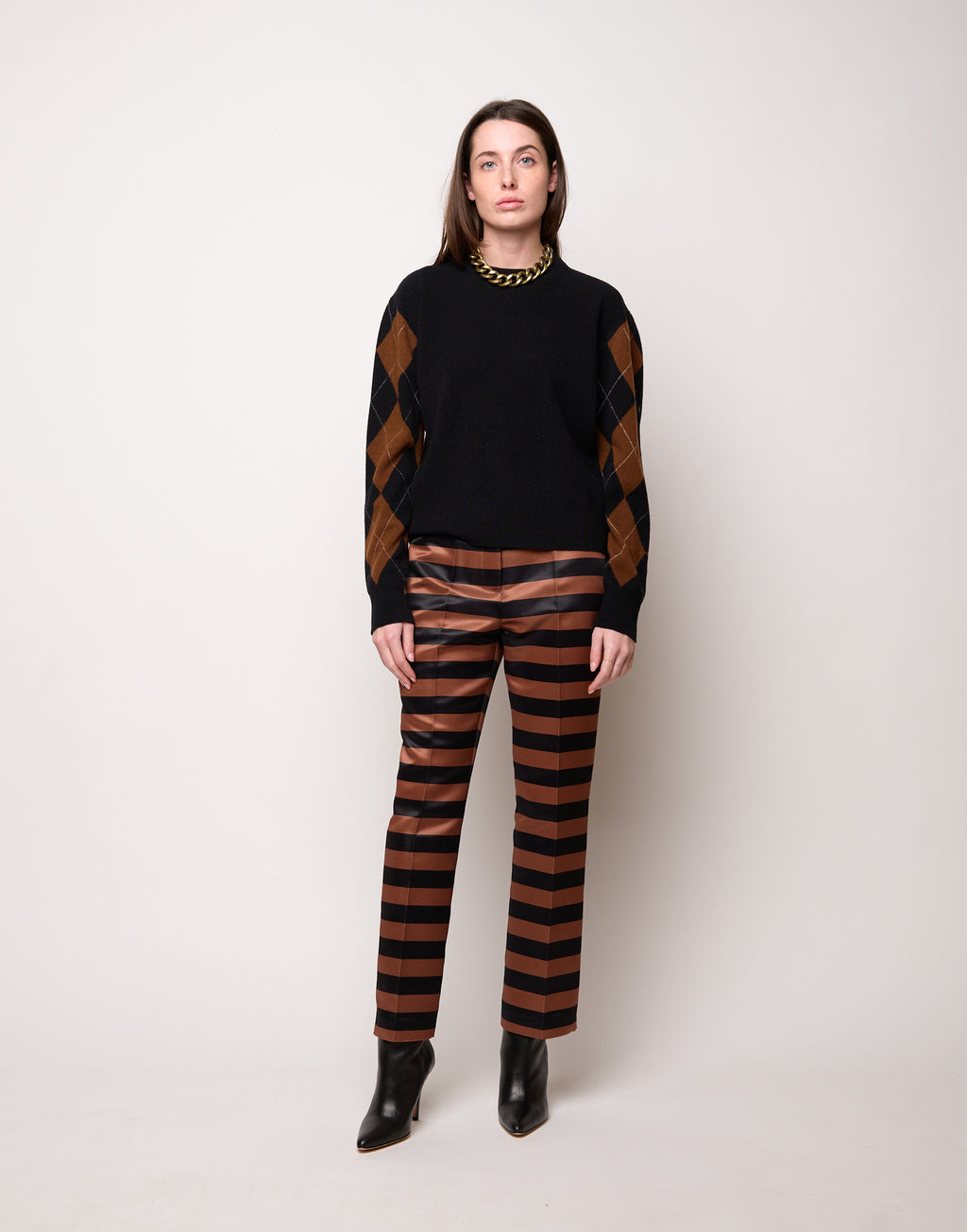 Pantalone Maschile a Sigaretta in Duchesse a Righe Nero/Whisky
