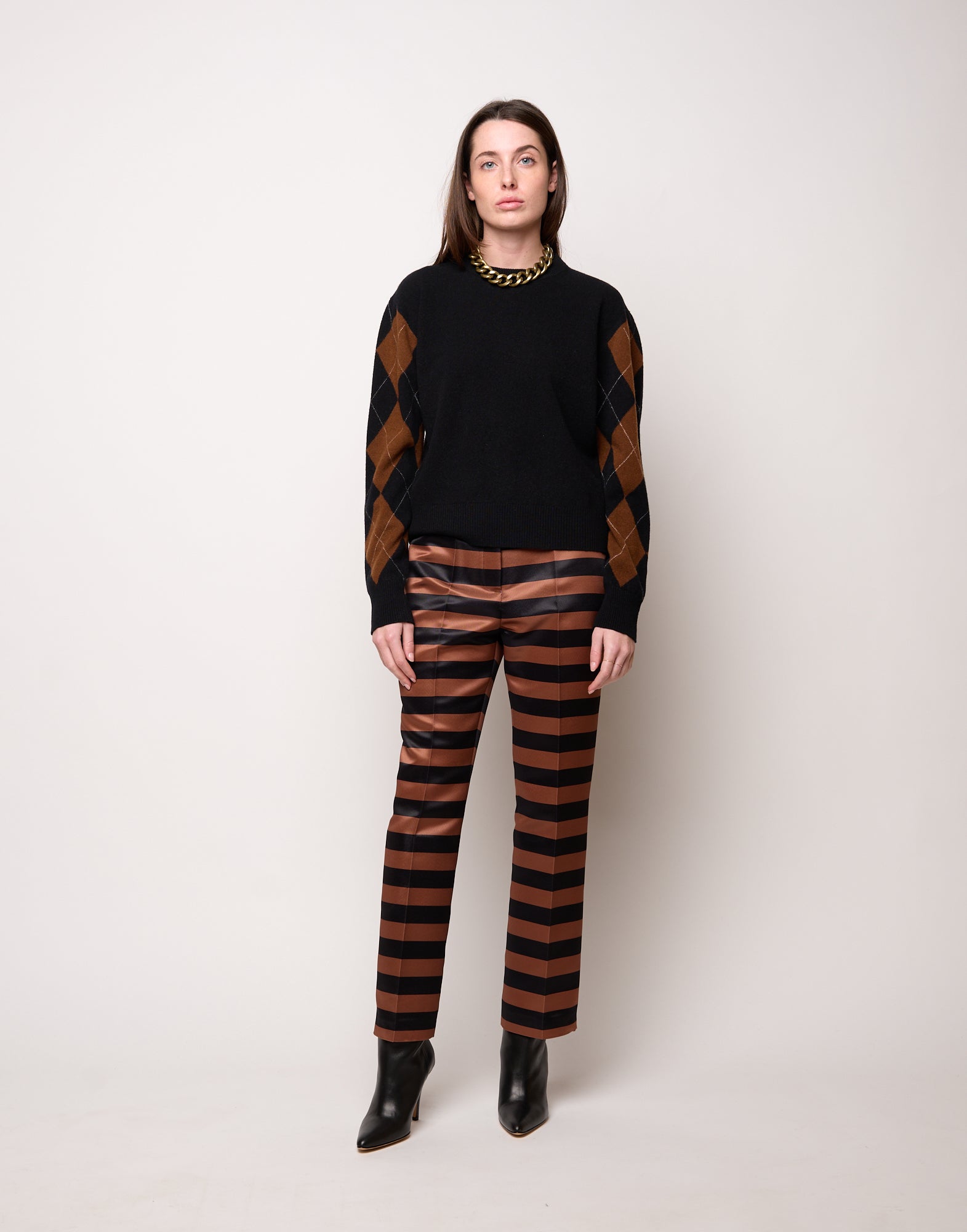 Pantalone Maschile a Sigaretta in Duchesse a Righe Nero/Whisky