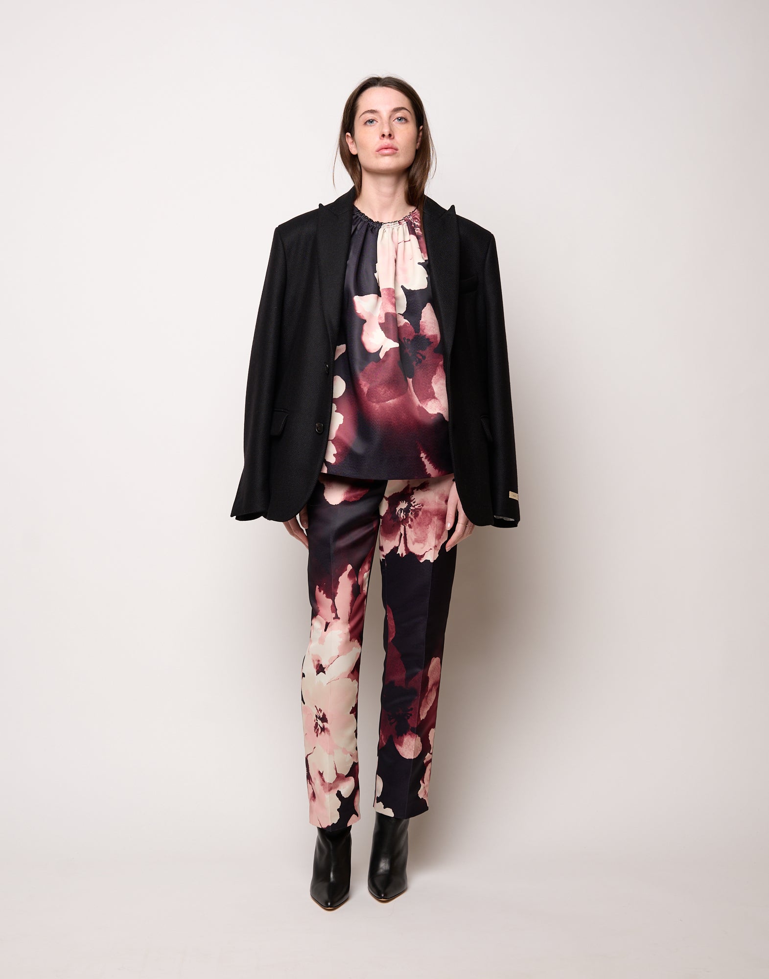 Top Boxy con Arriccio al Collo Stampa Floreale