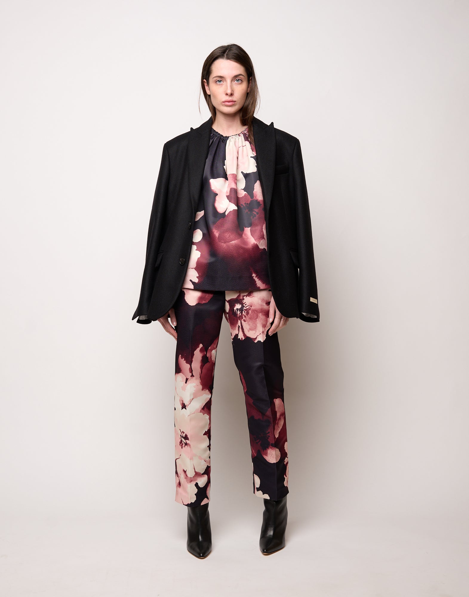 Top Boxy con Arriccio al Collo Stampa Floreale