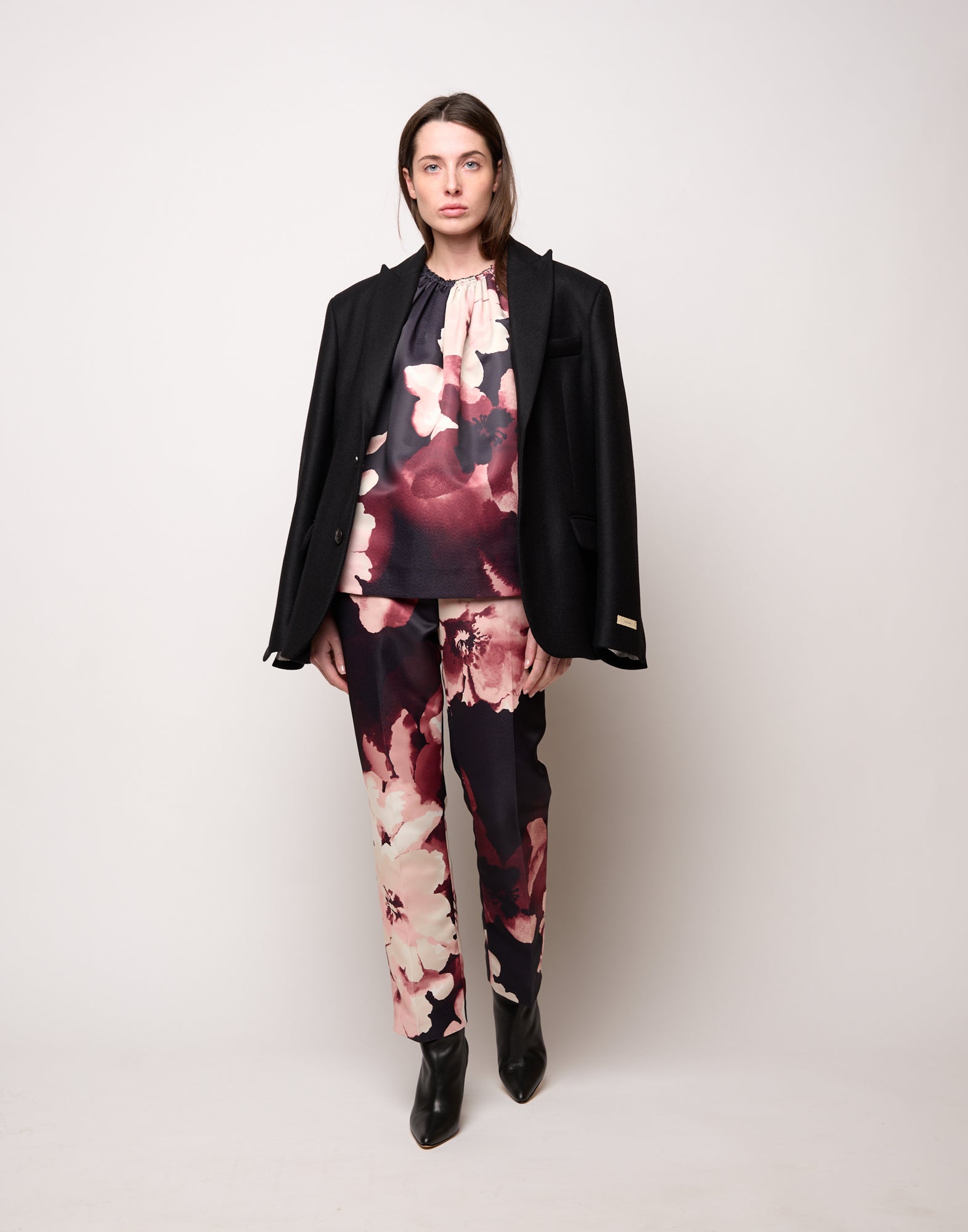 Top Boxy con Arriccio al Collo Stampa Floreale