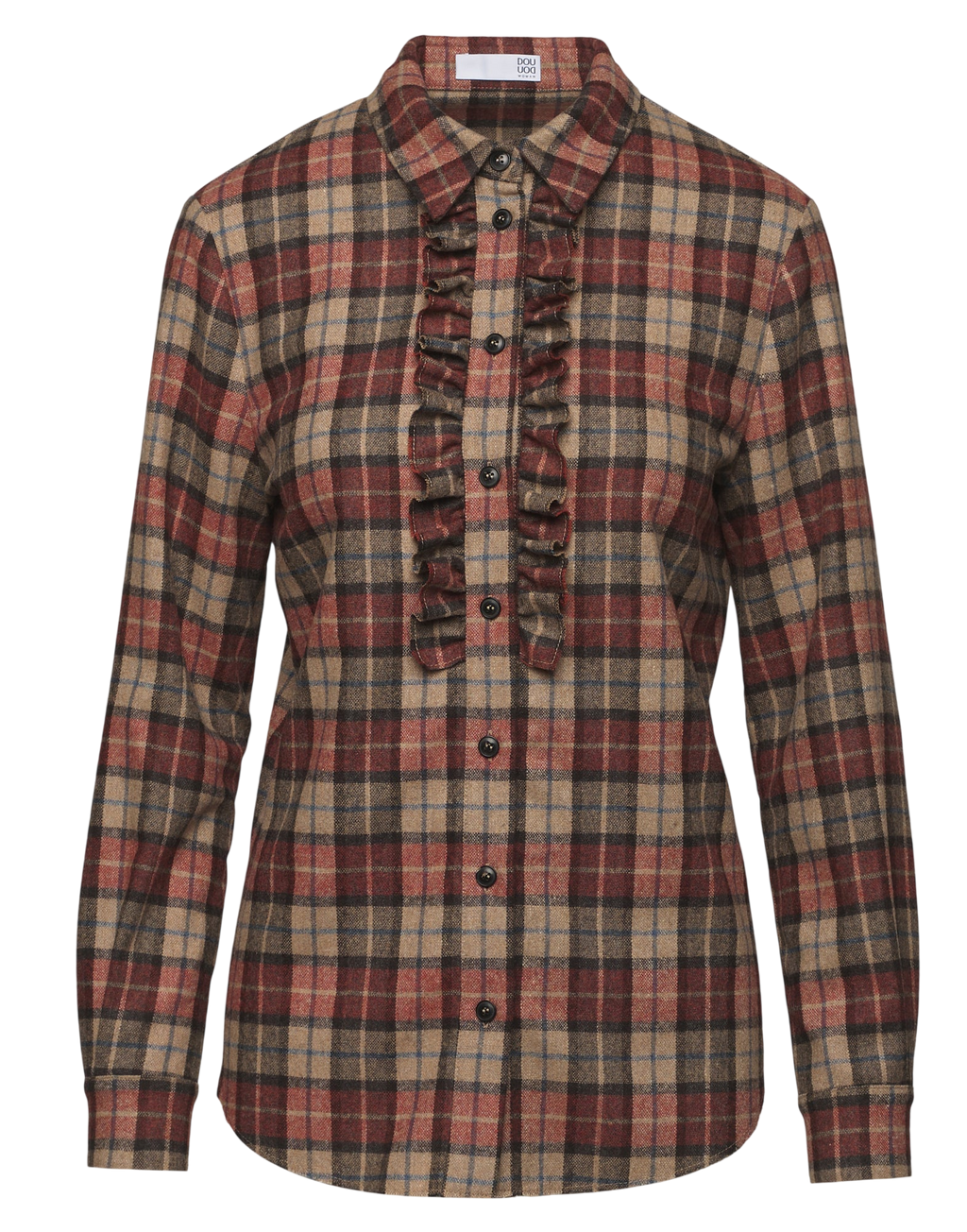 Shirt with High Collar and Raw-Cut Ruffles in Rust