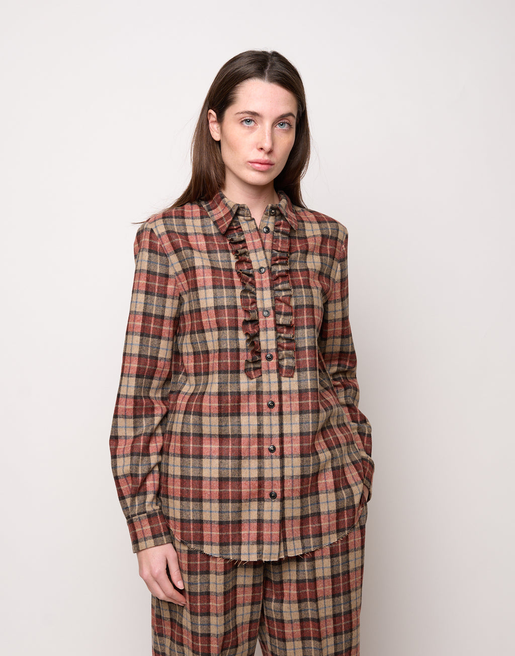 Camicia con Collo Chiuso e Rouches a Taglio Vivo Rust