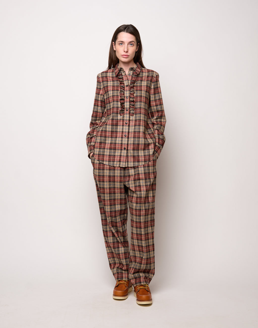 Camicia con Collo Chiuso e Rouches a Taglio Vivo Rust