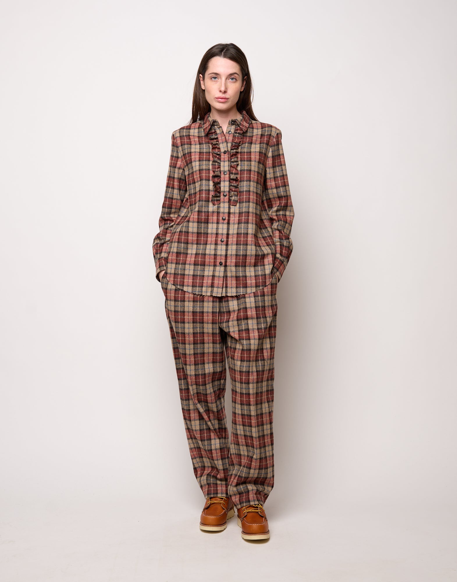 Camicia con Collo Chiuso e Rouches a Taglio Vivo Rust