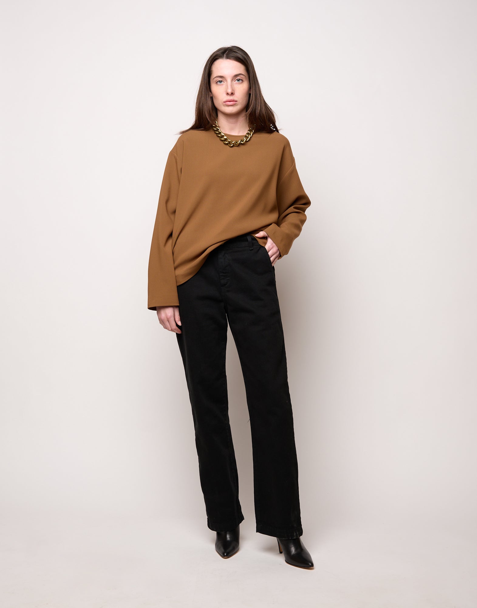 Blusa Scollo Tondo in Doppio Crepe Stretch Cannella