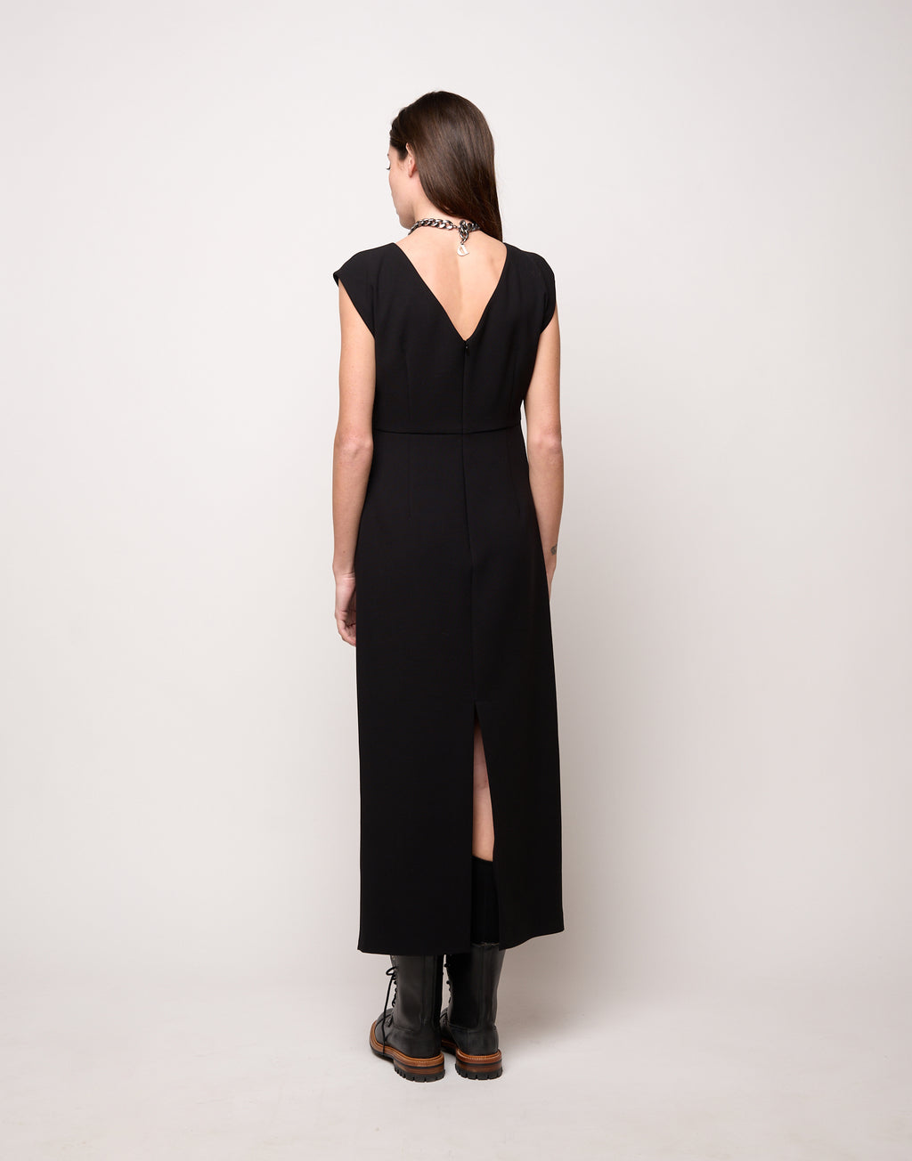 Abito Smanicato con Drappeggio in Doppio Crepe Stretch Nero