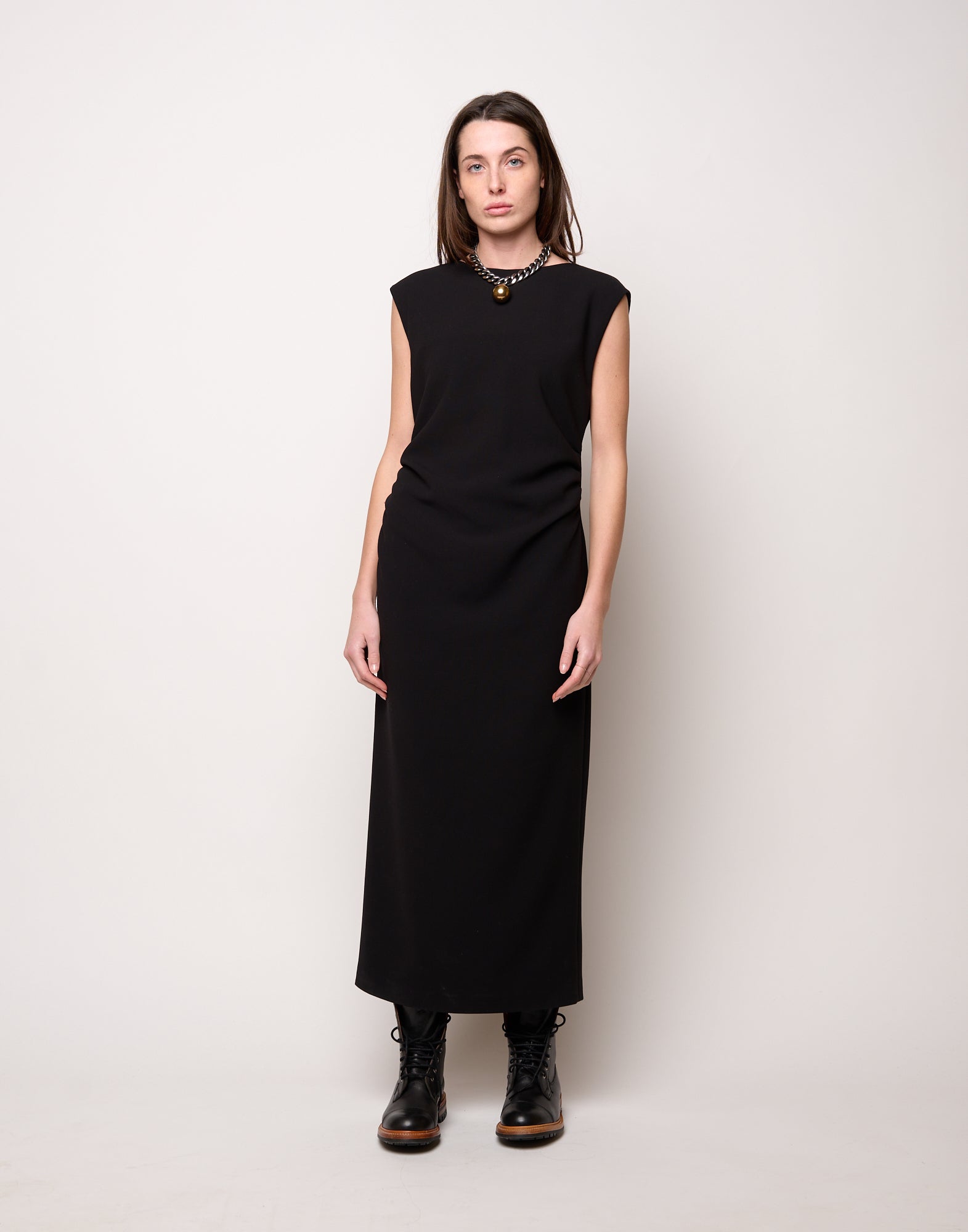 Abito Smanicato con Drappeggio in Doppio Crepe Stretch Nero