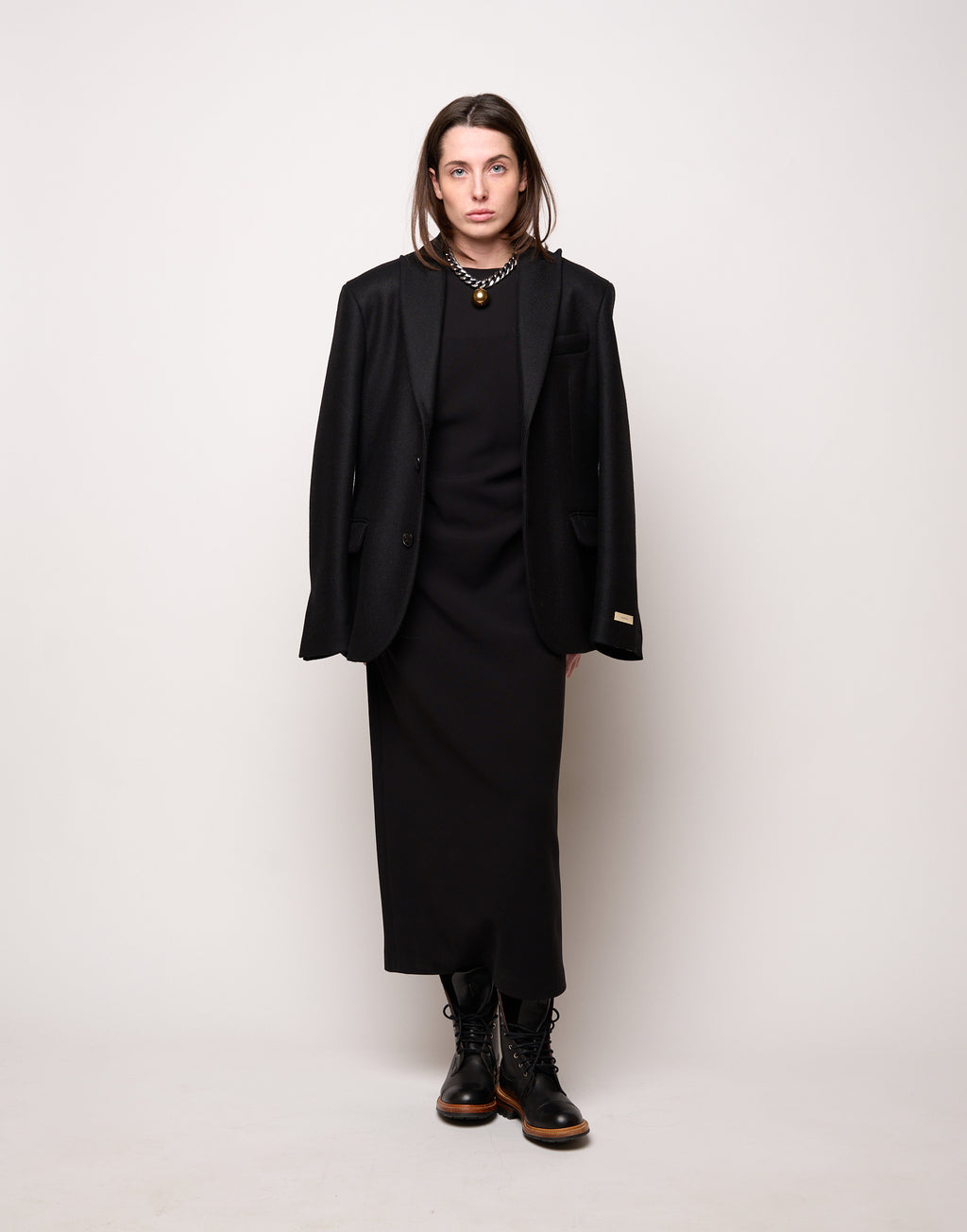 Abito Smanicato con Drappeggio in Doppio Crepe Stretch Nero