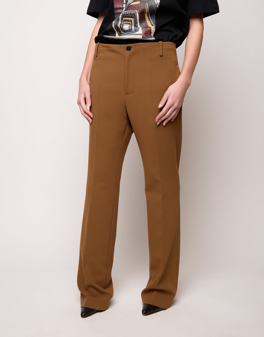 Pantalone Flair in Doppio Crepe Stretch Cannella