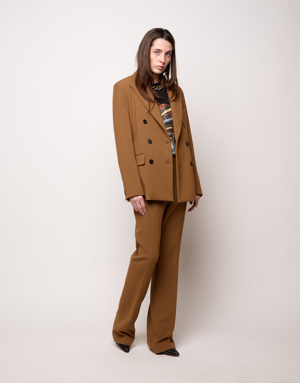 Pantalone Flair in Doppio Crepe Stretch Cannella