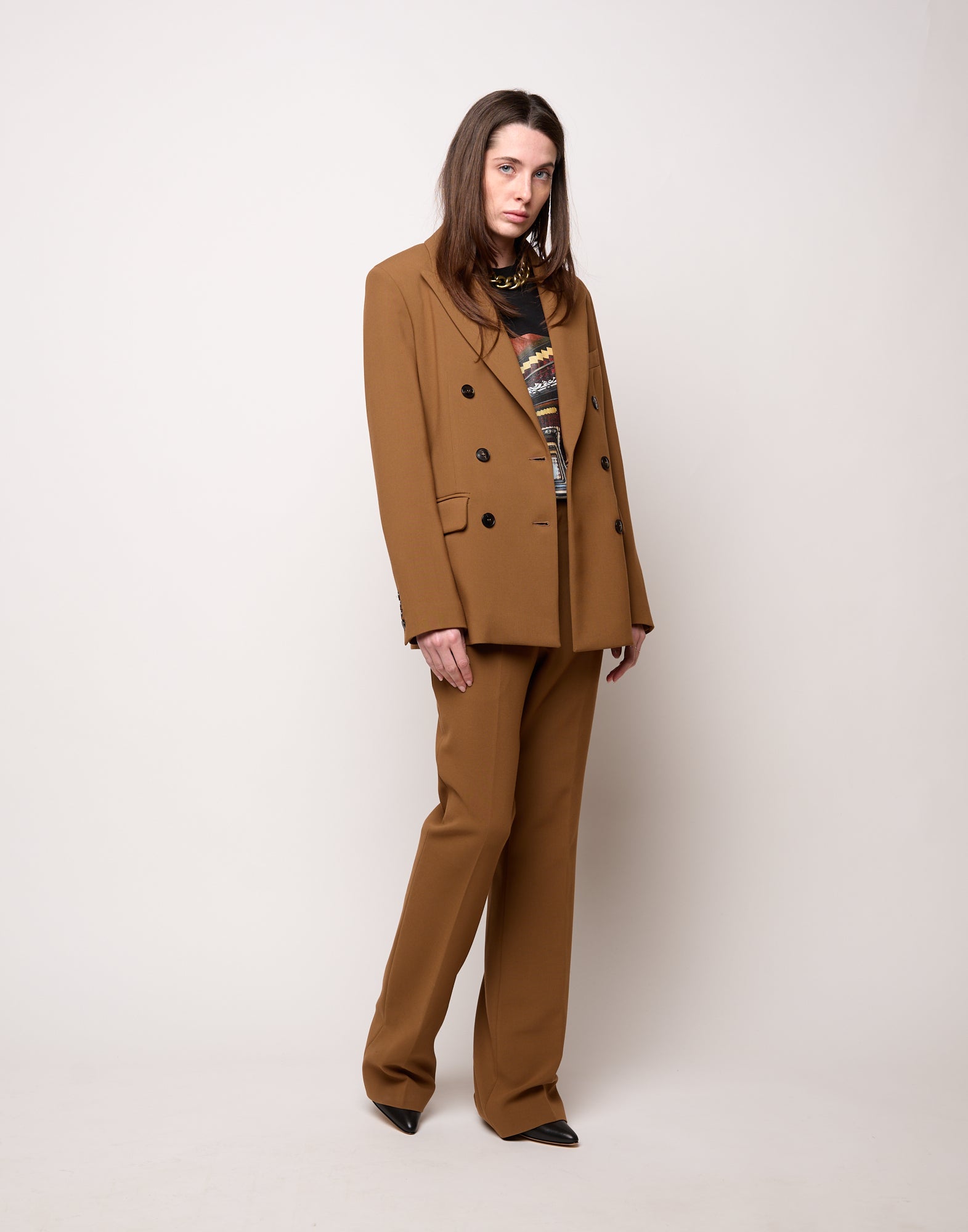 Pantalone Flair in Doppio Crepe Stretch Cannella