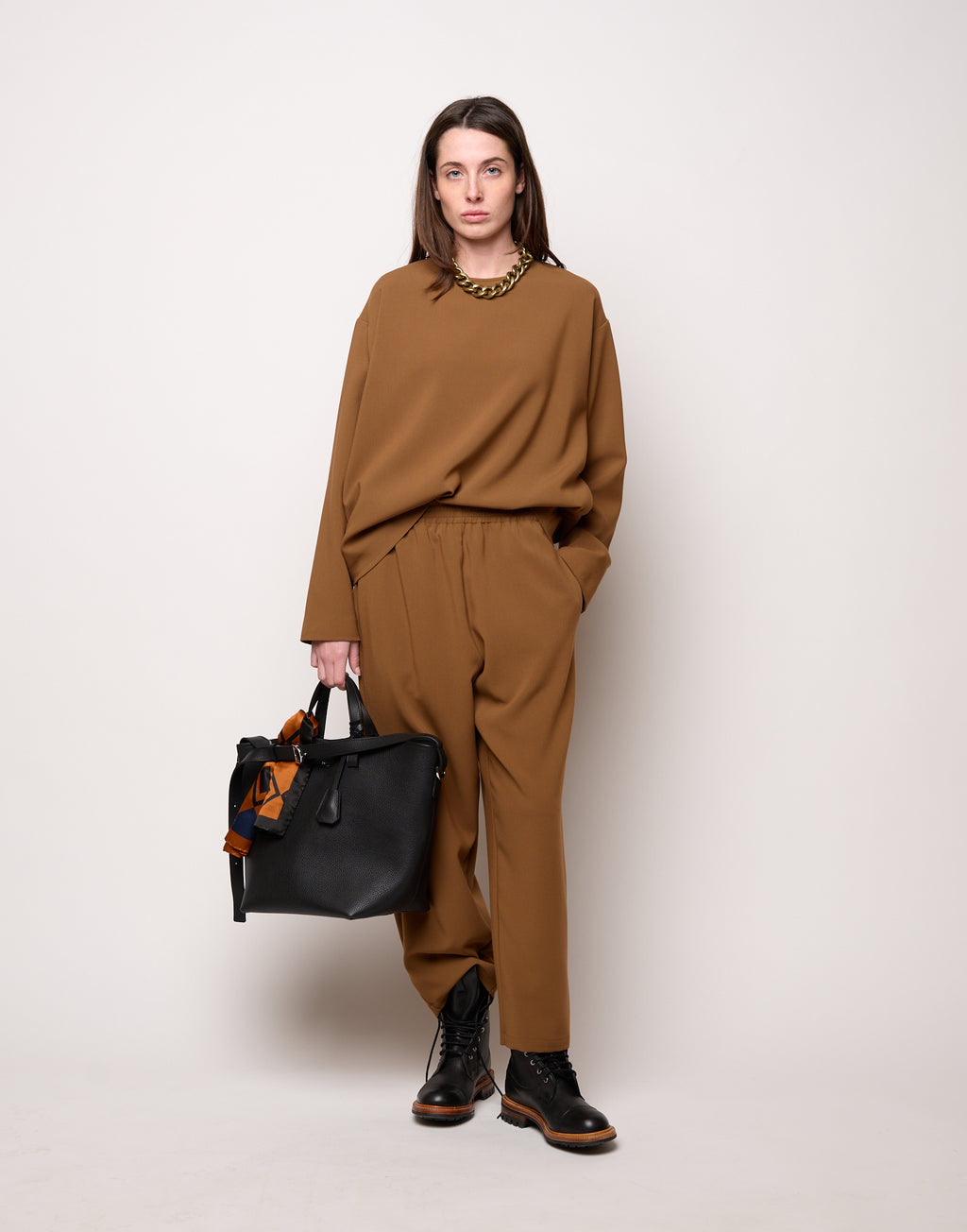 Pantalone con Elastico In Vita in Doppio Crepe Stretch Cannella