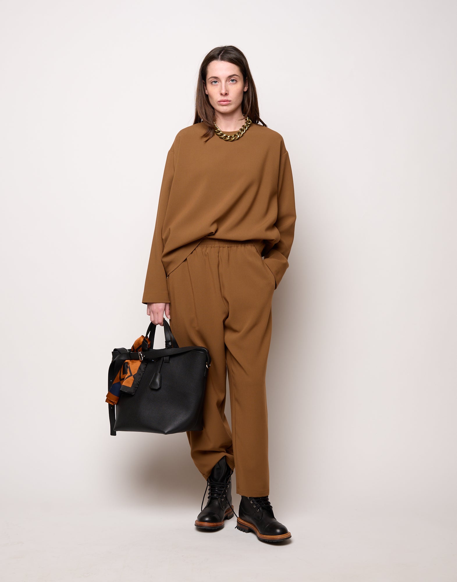 Pantalone con Elastico In Vita in Doppio Crepe Stretch Cannella